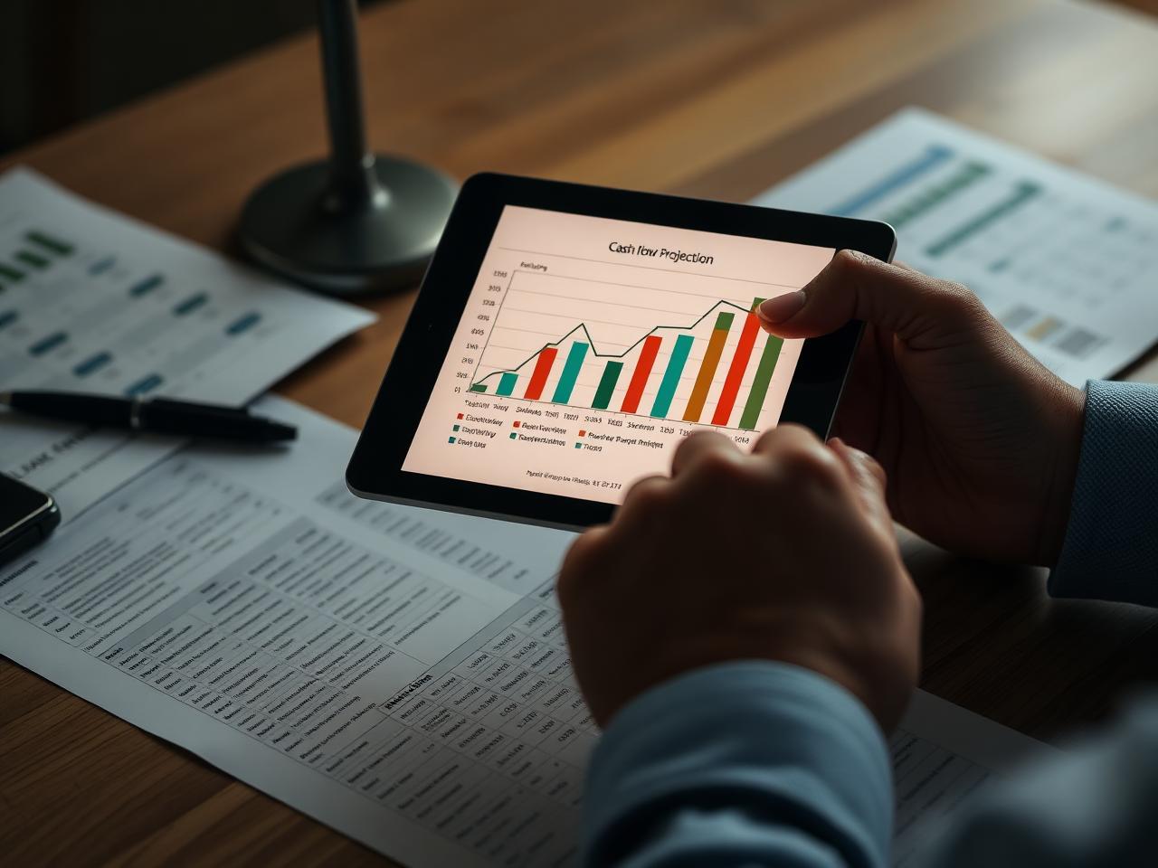 Hands holding a tablet displaying a cash flow projection