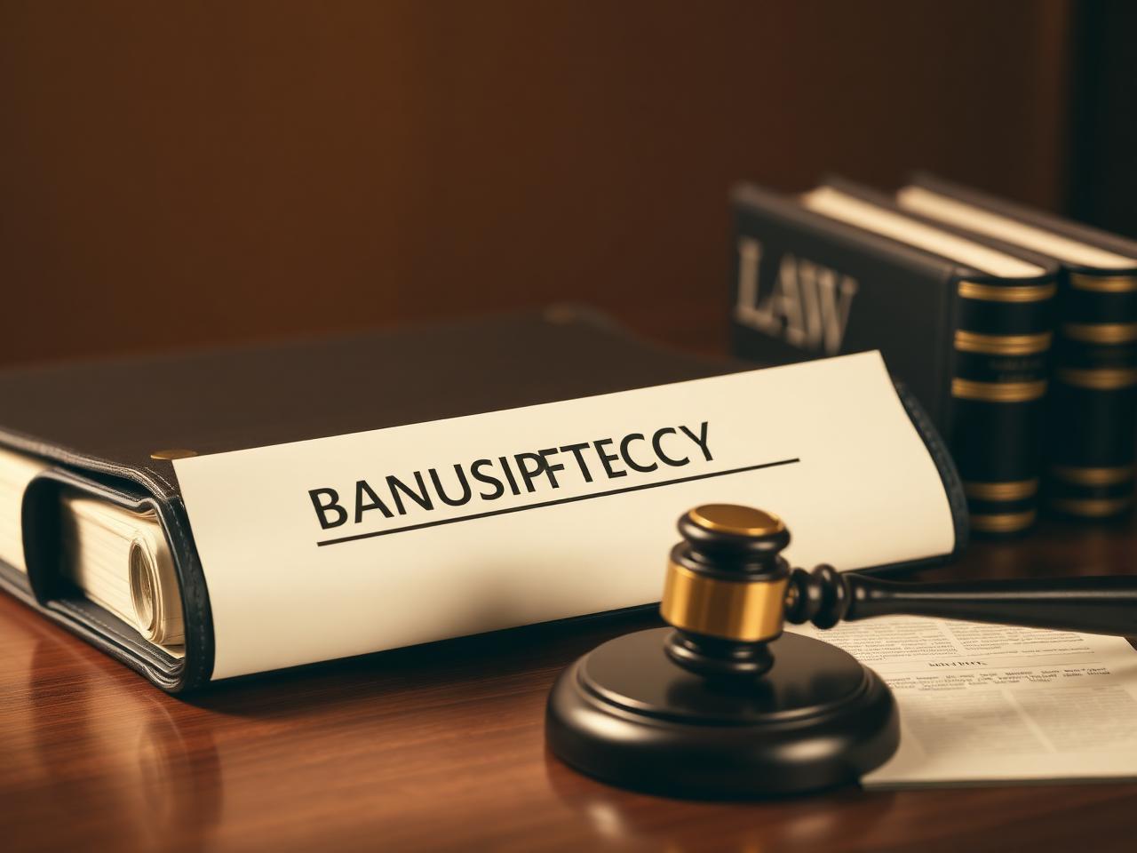 Bankruptcy filing folder beside a gavel and law books