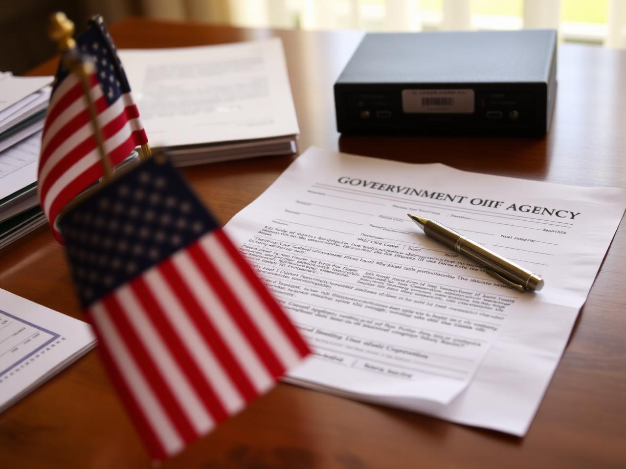 Government agency loan documents on a desk with a small American flag