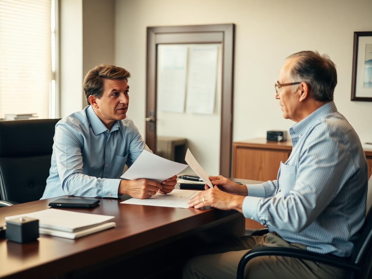 Banker and client across a desk reviewing loan paperwork