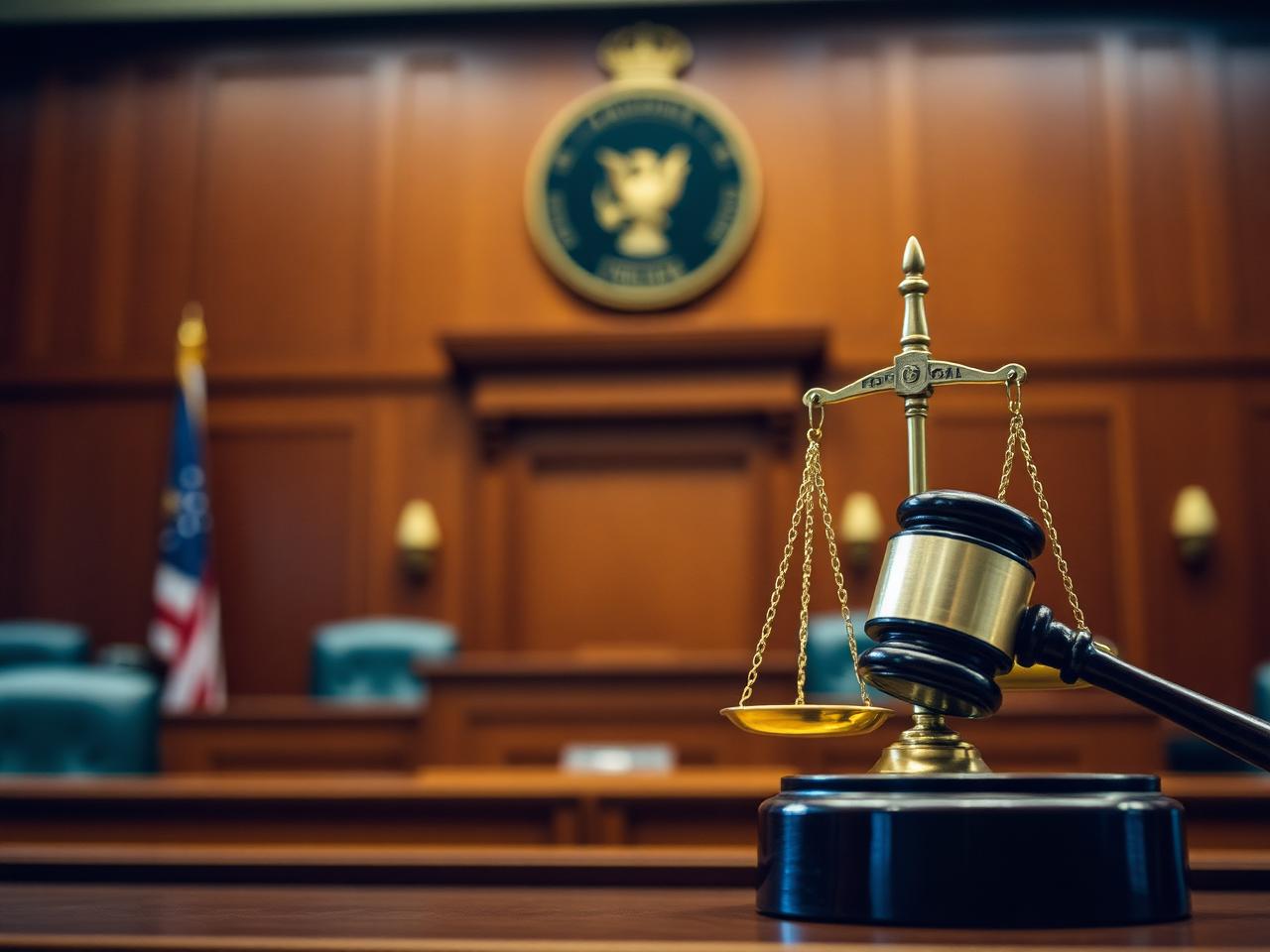 Federal courtroom with gavel and scales of justice