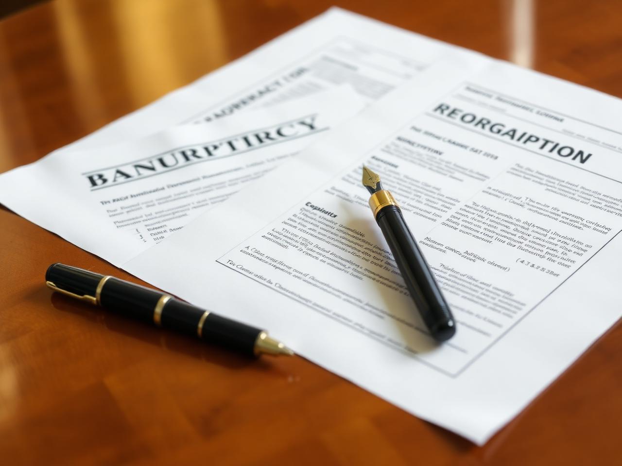 Bankruptcy reorganization plan documents on a wooden desk