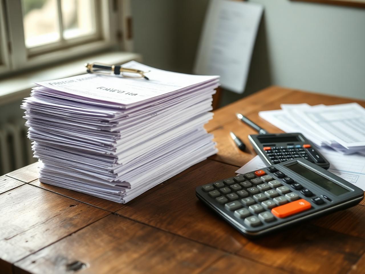 Stack of farm tax returns and ledgers on a wooden desk