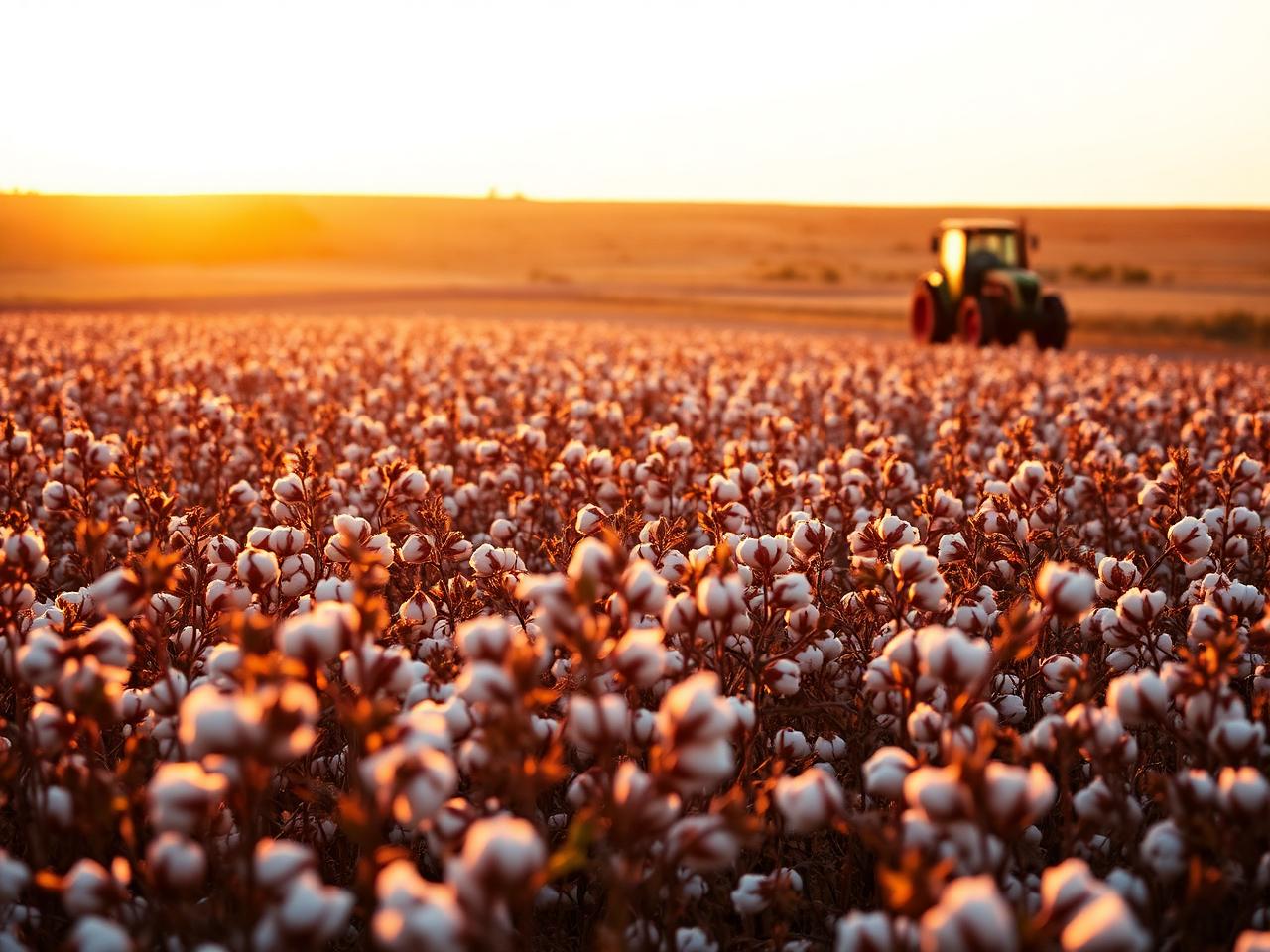 Cotton field at golden hour with a tractor in the distance