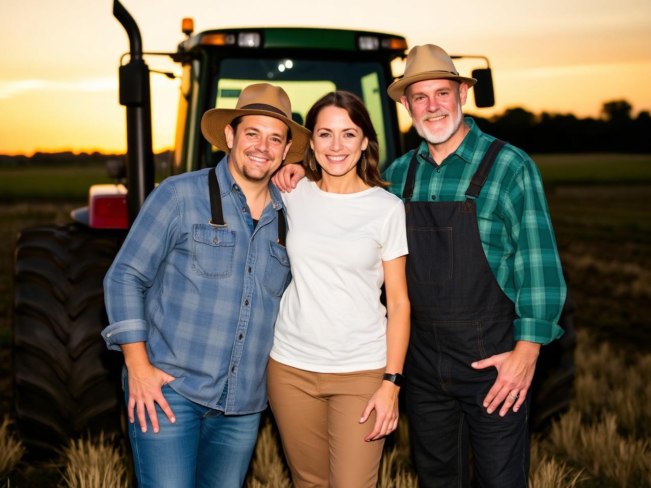 Family farmers standing in front of their tractor at sunset