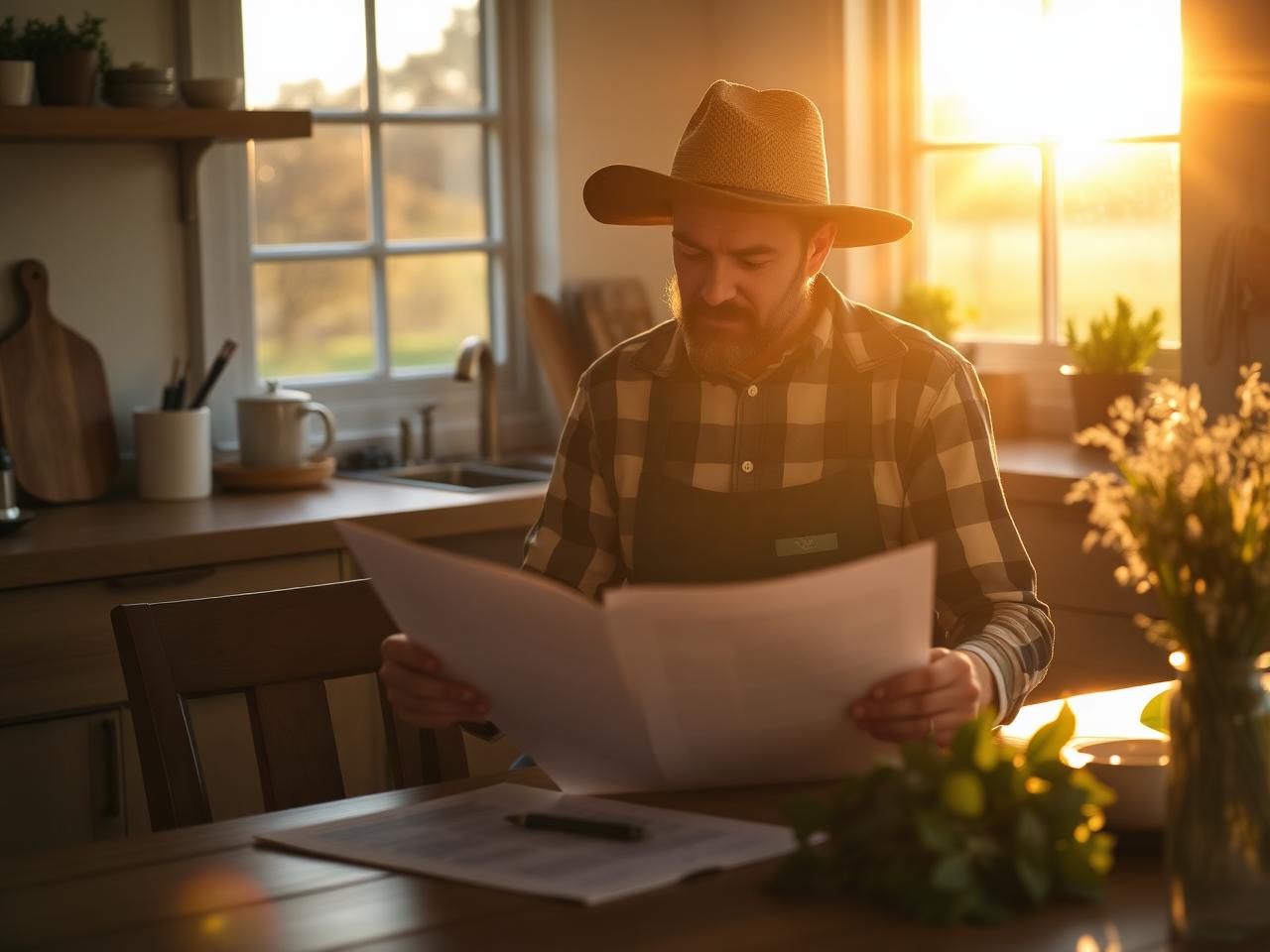 Farmer reviewing crop projection paperwork at a kitchen table