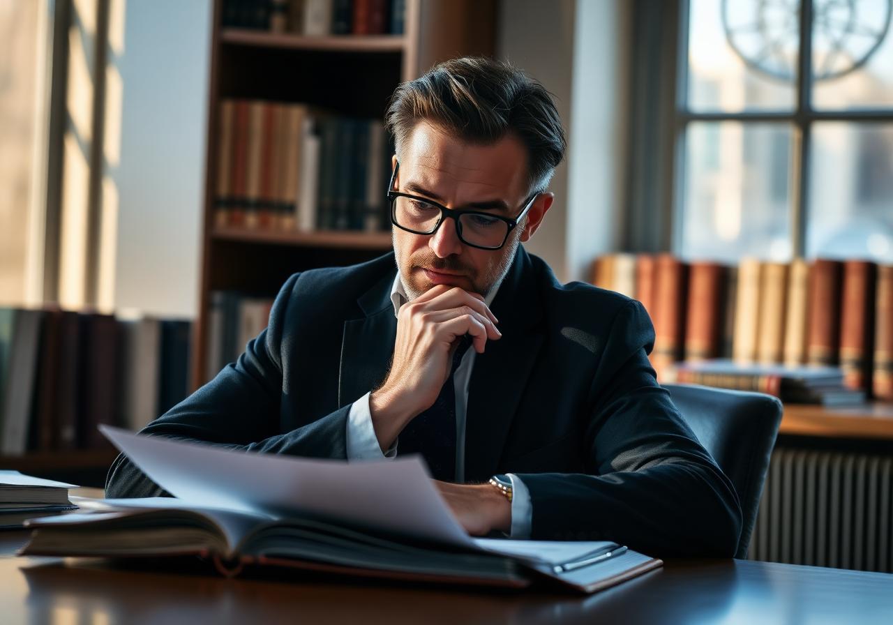 Attorney mediator reviewing documents at a desk
