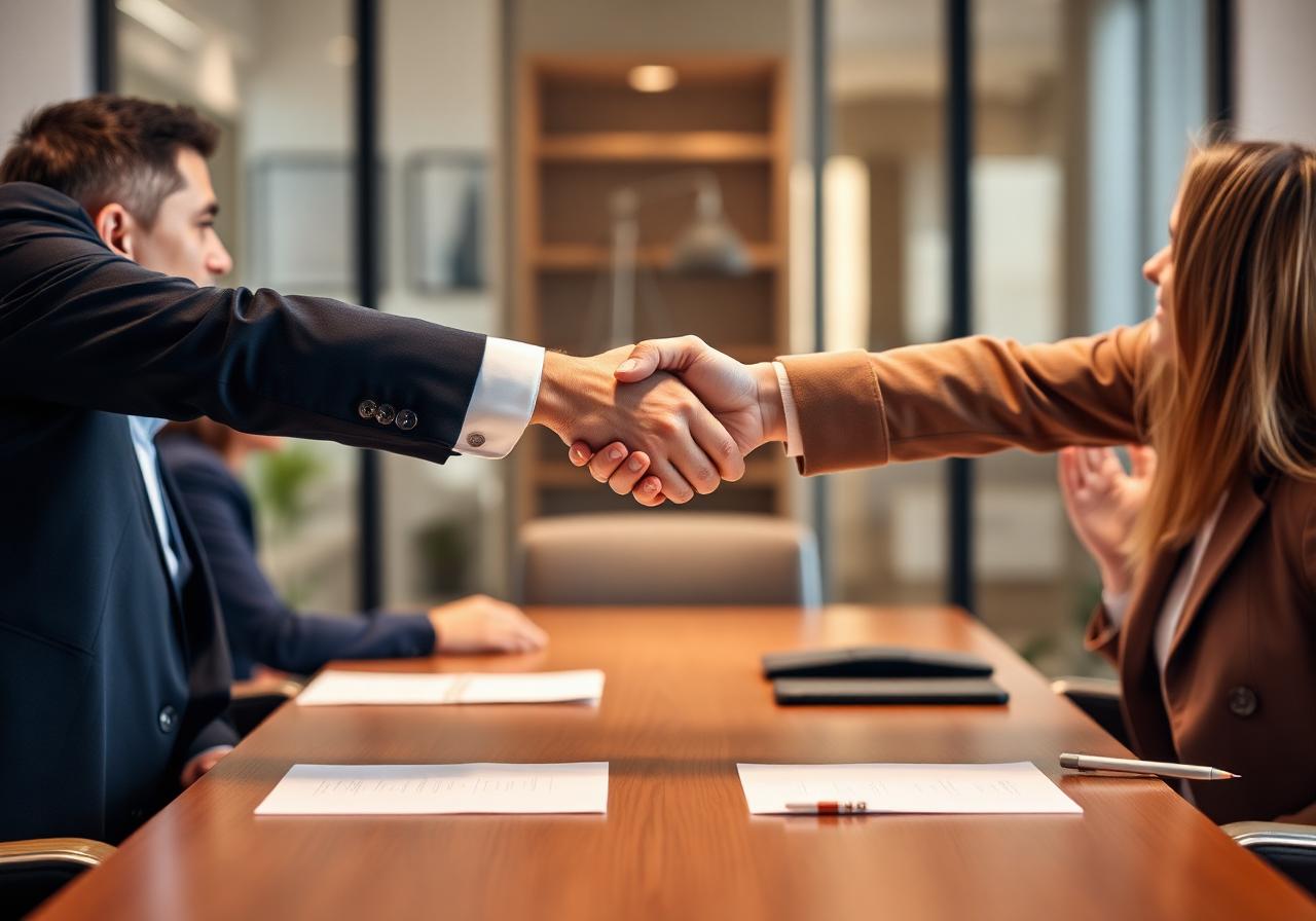 Two professionals shaking hands across a conference table after a successful negotiation