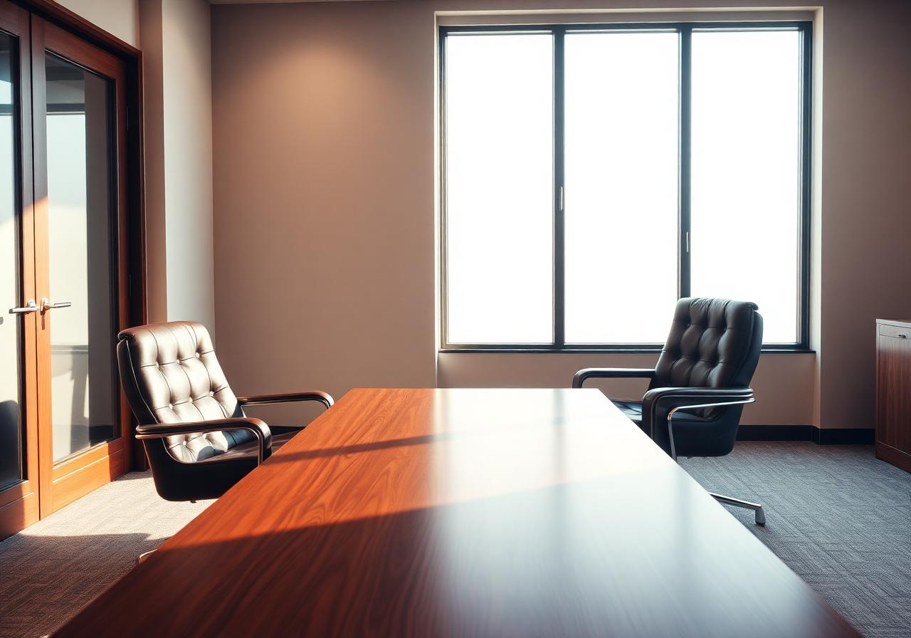 Calm mediation conference room with two leather chairs facing across a wooden table