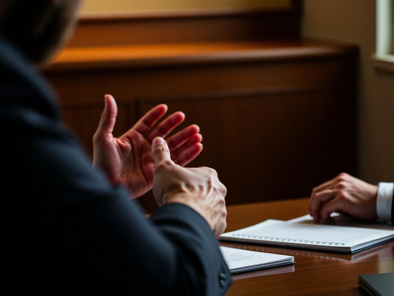 Client gesturing while telling their story to an attorney across a desk