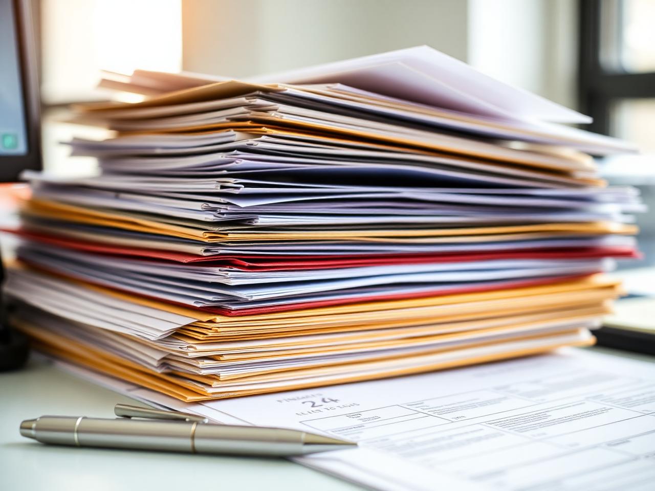Stack of organized financial documents on an attorney's desk