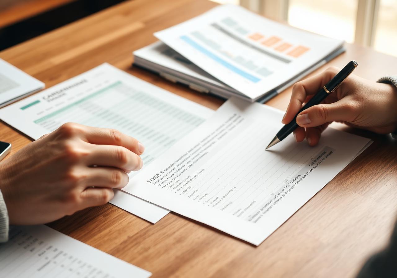 Hands reviewing financial documents and ledgers