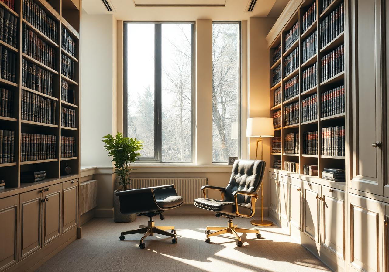 Quiet law office with bookshelves and warm daylight