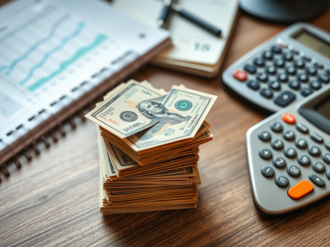 Stacked cash next to a calculator and financial charts