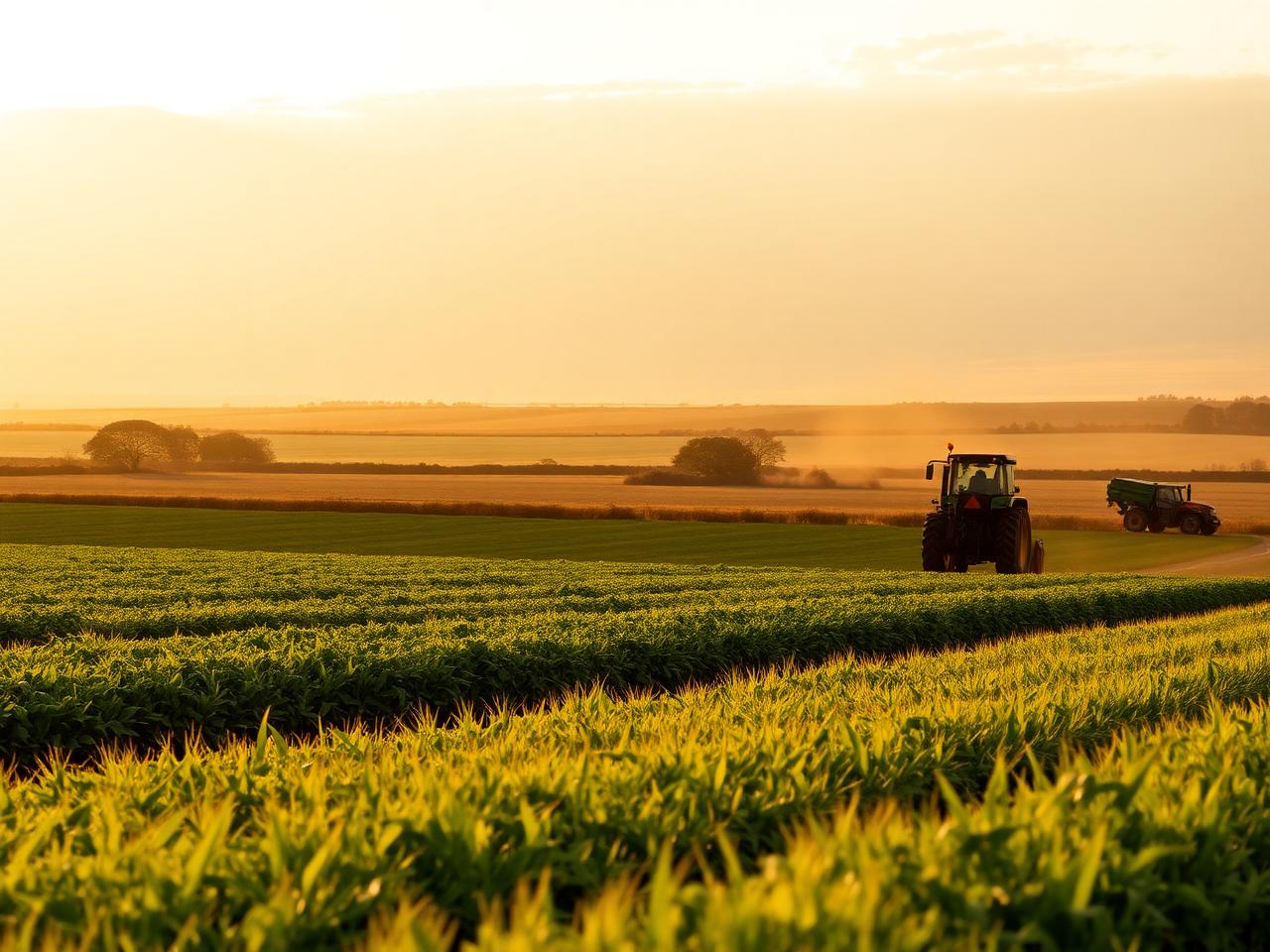 Texas farmland at golden hour with a tractor in the field
