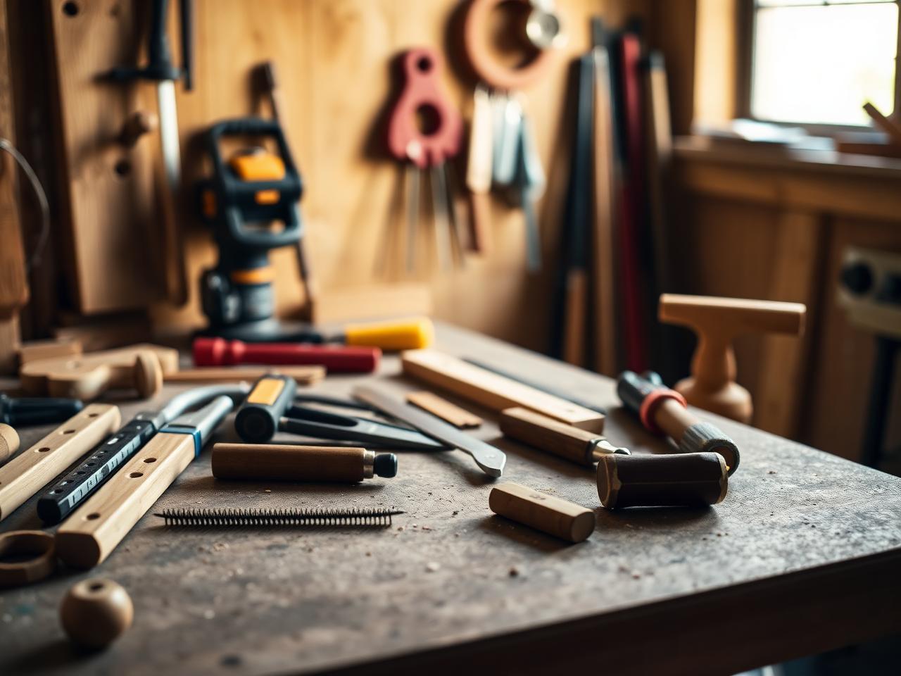 Carpenter's tools arranged on a workbench