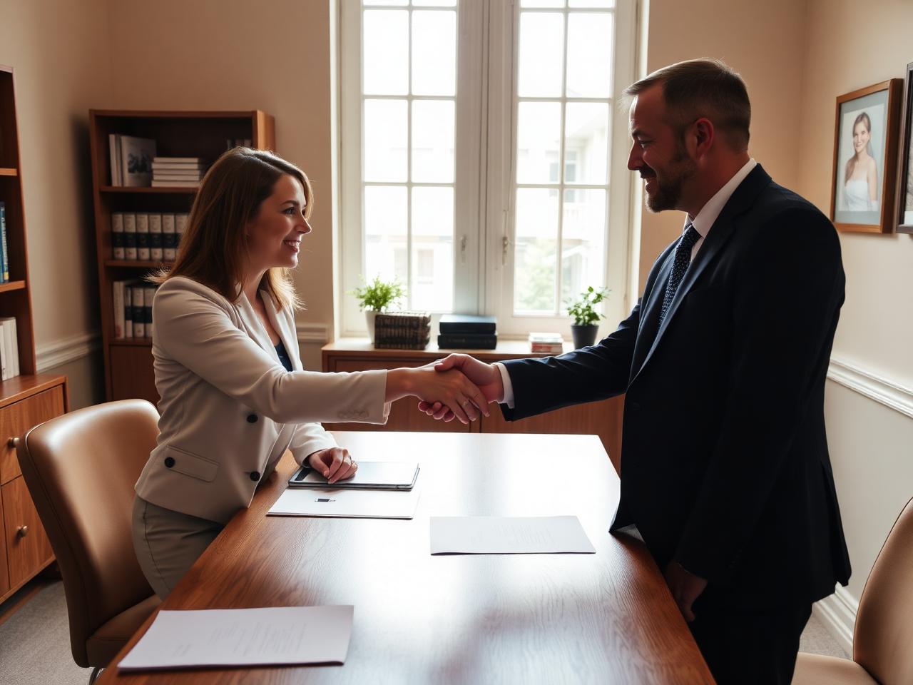 Attorney shaking hands with a client across a desk