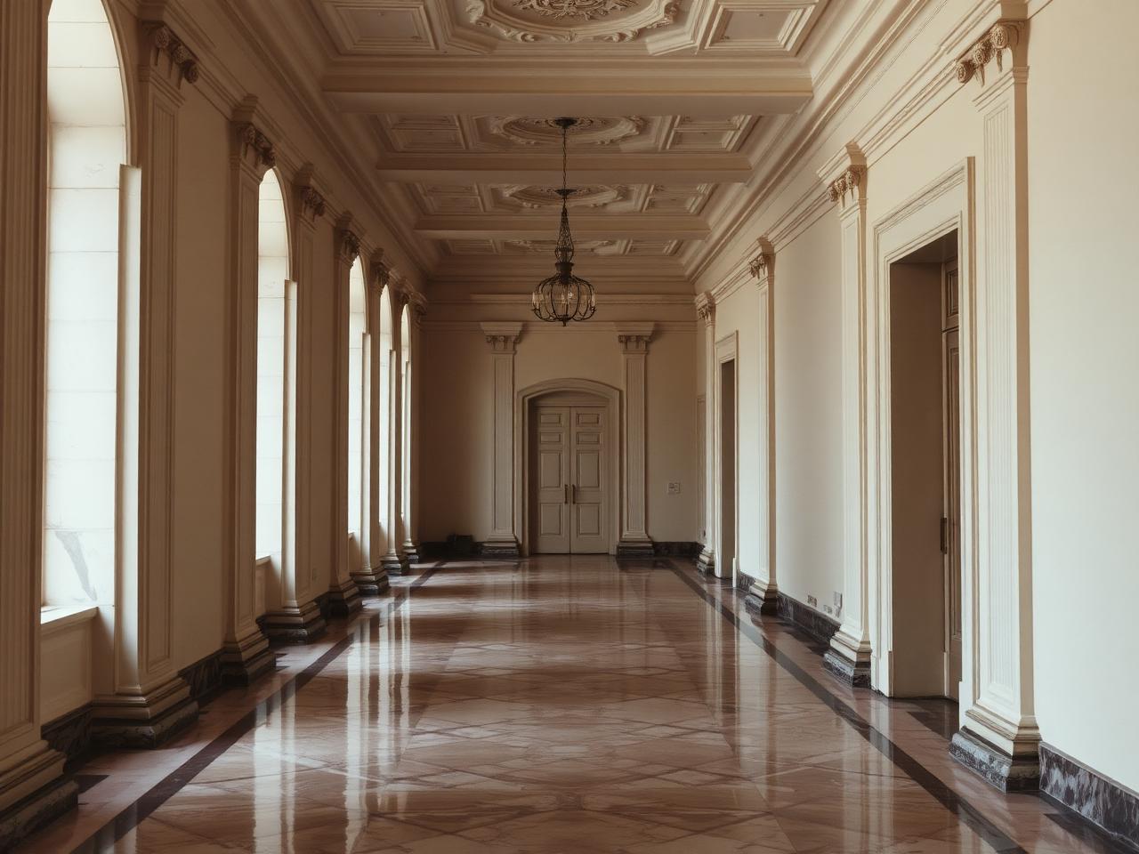 Quiet courthouse corridor with marble floors
