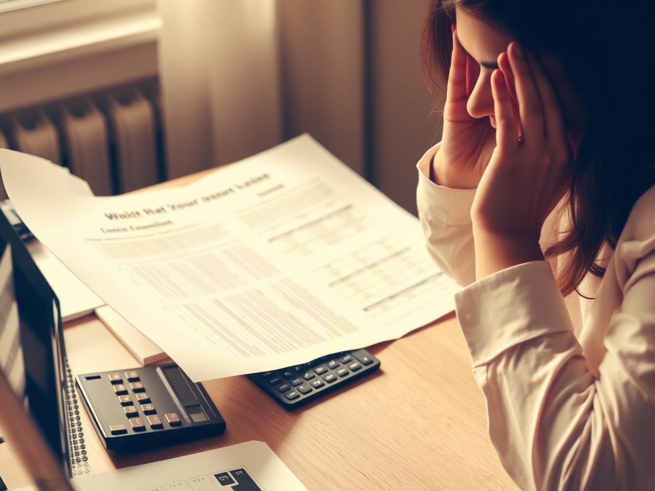 Person reviewing financial papers at a desk with a relieved expression