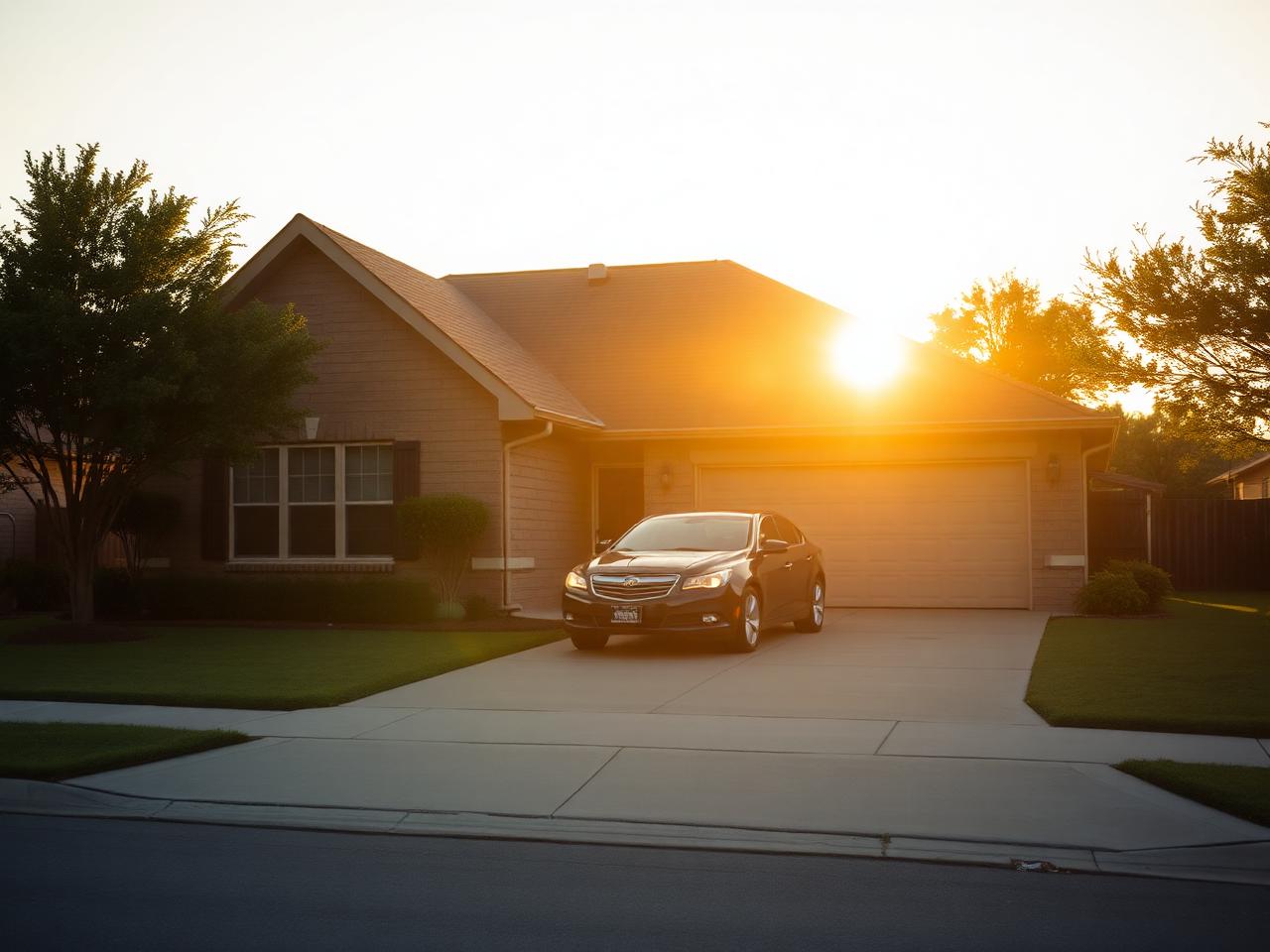 Suburban Texas home with a car in the driveway at golden hour