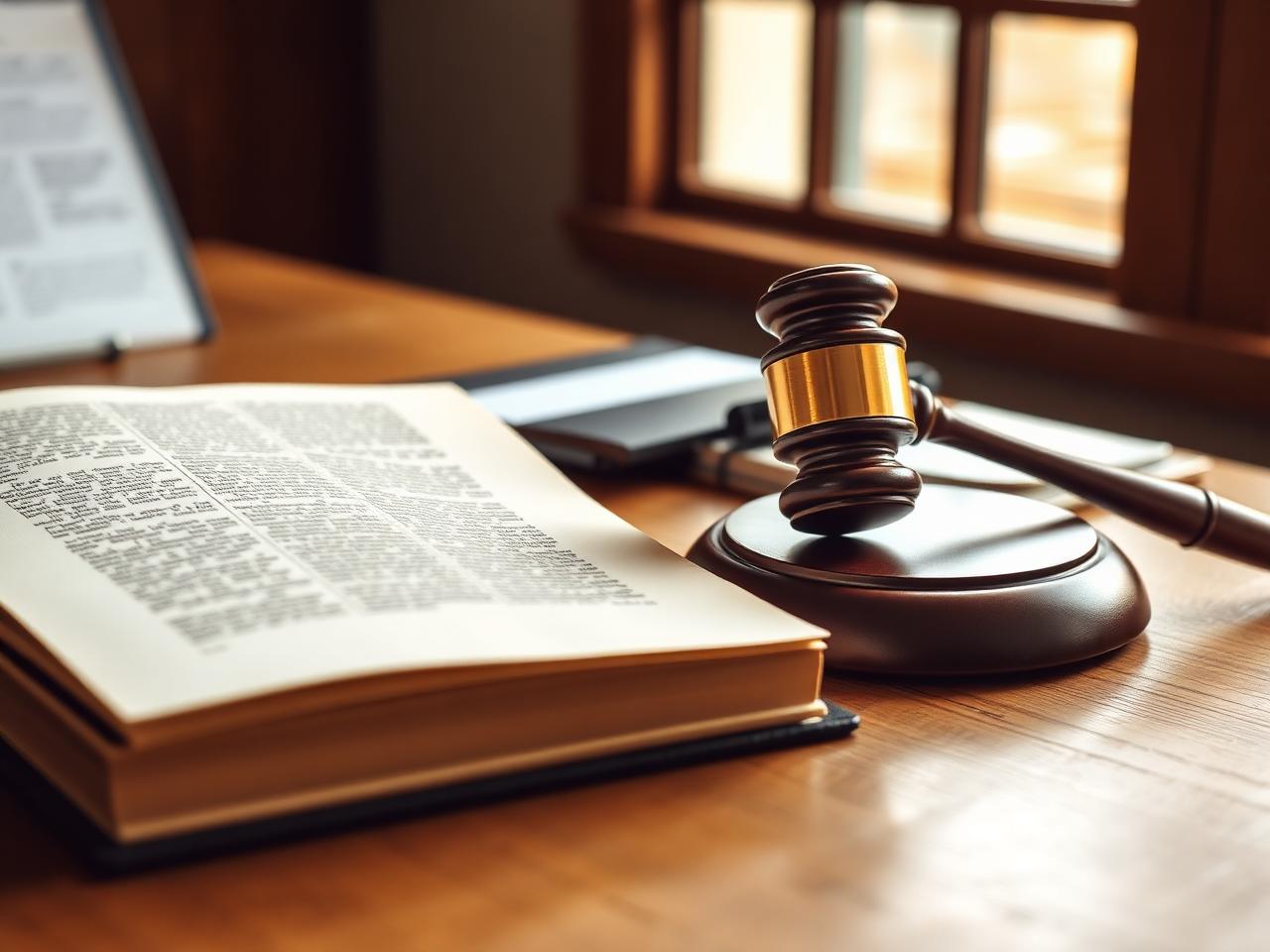 Open law book and gavel on a wooden desk